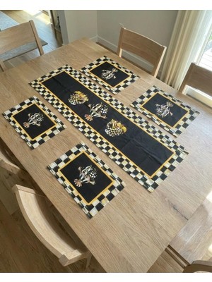 Siyah Beyaz Kare Desenli Runner & 4’lü Kare Supla Takım