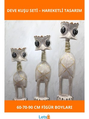 Letsii El Boyaması Ahşap 3'lü Deve Kuşu Figür Seti 60 70 90 cm