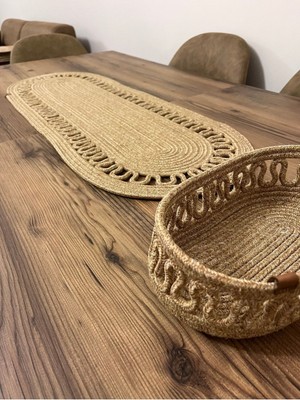 PremiumPort Şık Jüt Hasır Runner Sepet Takımı ve Amerikan Servisi Seti