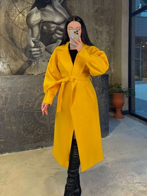 Barnaby  Kruvaze Yaka Balon Kol Kuşaklı Kaşe Kaban Sarı