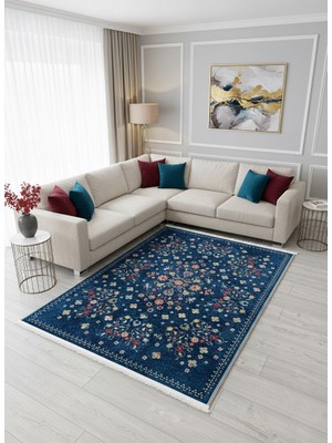 Brillant Lacivert Blue Floral Vintage Lateks Taban Halı