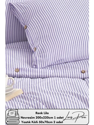 Ipliği Boyalı Pamuklu Çift Kişilik Çizgili Düğmeli Nevresim Seti 200X220 cm King Size