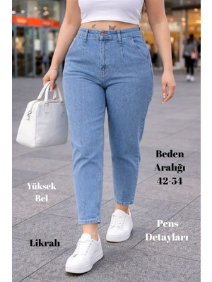 Cedy Denim Cedy Kadın Büyük Beden Pileli Mom Jean Pantolon C600 Yüksek Bel Likralı Günlük Stil