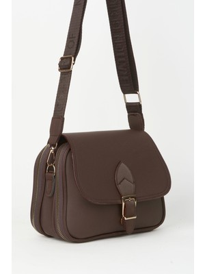 Vivaq Kadın Yonca Acı Kahve 4 Cepli Kapaklı Kolon Askılı Fermuar ve Çıt Çıt Kapama El Kol ve Omuz Çantası