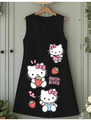 Punix Kids Punıx Kids Özel Seri Hello Kitty Üç Çilek Baskılı Kolsuz Yazlık %100 Pamuk Kız Çocuk Trend Elbise