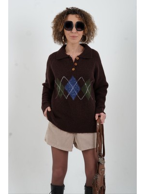 Zelish My Sister Kahve Polo Yaka Baklava Desen Kazak