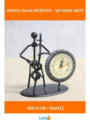 Letsii Şık Metal Saatli Keman Çalan Müzisyen Ofis Dekor Aksesuarı 18X14 cm