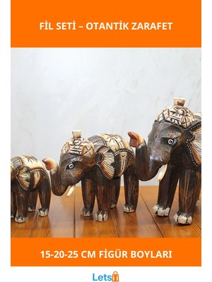 Letsii Doğal Ahşap El Yapımı 3'lü Dekoratif Fil Figürleri Seti