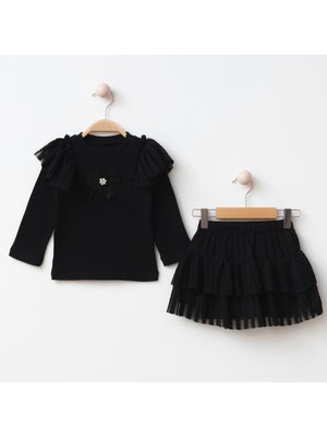 Ahu I Kız Çocuk Kombin- Dantel Detaylı Tütülü Etek ve Fırfırlı Penye Ikili Kombin