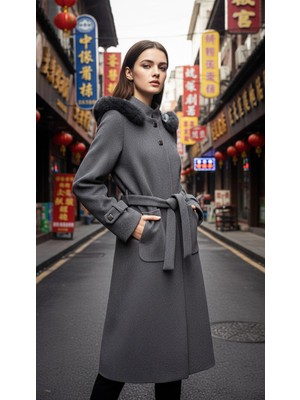 Esin Giyim Pötikare Dokulu Çıkarılabilir Kapüşonlu Kaşe Kaban