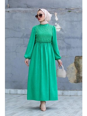 Tesettür Diyarı Dantelli Robalı Melaj Keten Tesettür Elbise- Yeşil