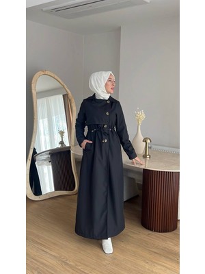 Moda Kadın Düğmeli Trençkot L Kendi Kumaşından Kemerli Model