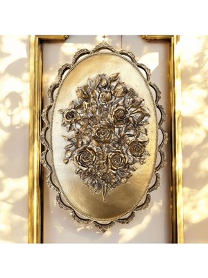 PremiumPort Şık Polyester Çiçek Tablo, Gold Eskitme Dekorasyon Parçası