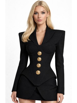 GILLA'S QUEEN Kadın Siyah Göğüs Kuplu Business Tasarım Formal Ceket Elbise