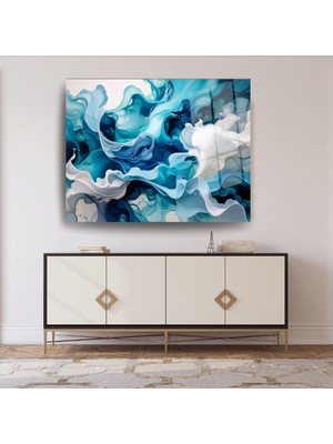 Glitglass Modern Soyut Mavi Dalgalar Tasarımlı Kırılmaz Temperli Cam Tablo - Duvar Dekoru