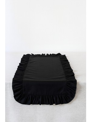 PremiumPort Şık Siyah Keten Fırfırlı Runner, Sofra Dekorasyonu Için Zarif Tasarım