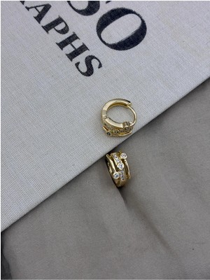 Hedef Bijuteri Gold Renk Zirkon Taşlı Üç Sıralı Yuvarlak Detaylı Halka Küpe CM143