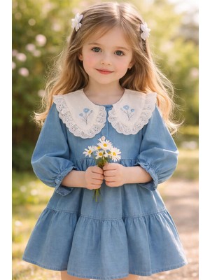 Bes Trend Kız Çocuk Bayramlık Bebe Yaka Kot Elbise 1-5 Yaş