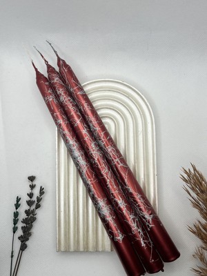 PremiumPort Mermer Desenli Metalik Kırmızı 3'lü Dekoratif Şamdan Seti