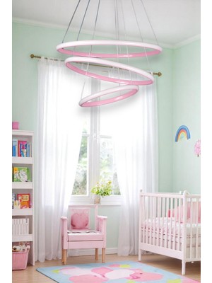 Rings 3'lü Pembe Renk Modern Tasarım - Yatak Odası - Salon-Çocuk Odası-Mutfak Beyaz LED Sarkıt Avize