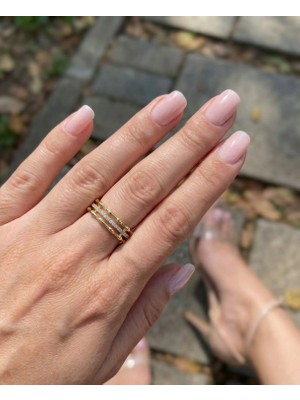 Milena Blake Bambu Dokulu Üçlü Halka Zirkon Taşlı Kadın Yüzük, Gold Yüzük