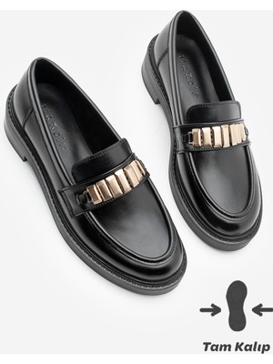 Marjin Kadın Loafer Makosen Tokalı Günlük Ayakkabı Vilyum Siyah