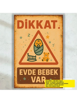 PremiumPort Evde Bebek Var Kapı Zil Uyarı Levhası Retro Ahşap Poster