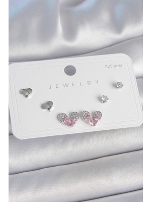 Karahanbey Pirinç Gümüş Renk Pembe Zirkon Taşlı Kalp Model 925 Ayar Gümüş Çivi Kadın Küpe Seti - Lisinya