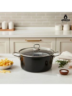 Amboss Crispella 22 cm Cam Kapaklı Emaye Kızartma Tenceresi - Siyah