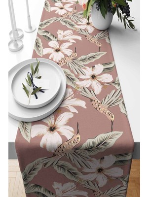 PremiumPort Gül Kurusu Hibiskus Desenli Süet Dokuma Runner 140X40 cm