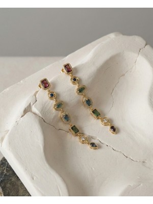 Milena Blake Renkli Taş Detaylı Uzun Kadın Küpe, Gold Renkli Taşlı Küpe