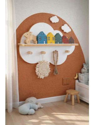 Montessori Çocuk Odası Askılı Bulut Raf Ahşap Askılı Dekoratif Duvar Rafı Çocuk Odası Portmanto