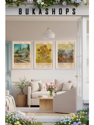 PremiumPort 3 Parça Van Gogh Güney Fransa Manzaraları Seti, Renk Seçenekleriyle Çerçeveli