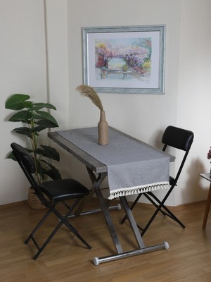 PremiumPort Gri Antrasit Ponponlu Runner Masa Örtüsü 45X150, Şık ve Zarif Dizayn