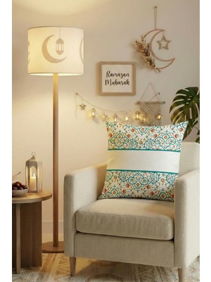 Cango Home Mavi Turuncu Motifli Ramazan Temalı 4'lü Kırlent Kılıfı 1 Runner Seti 4KMBS332-RS