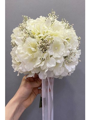 PremiumPort Beyaz Ortancalı Gelin Buketi ve Damat Çiçeği Seti