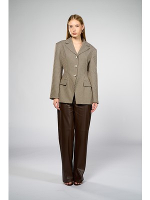 Thalure Kadın Krem Bele Oturan Pötikare Blazer