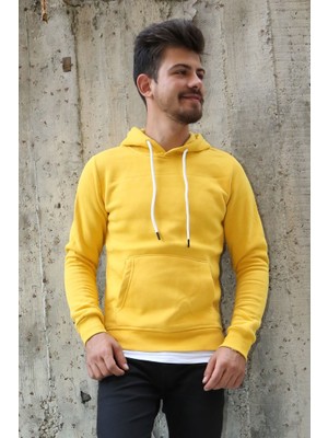 buğrahayalin Üç Iplik Şardonlu Kapşonlu Kanguru Cepli Alttan Çıkmalı Erkek Günlük Sweatshirt