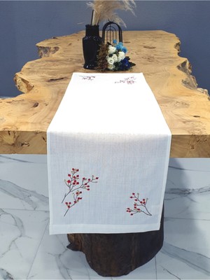 PremiumPort Kırmızı Çiçekli Ithal Keten Nakışlı Amerikan Servisi, Runner 40X140CM
