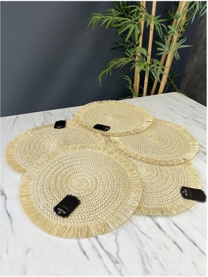 PremiumPort Örme Püsküllü Amerikan 6'lı Servis Seti, Krem Renk, Bohem Tarz