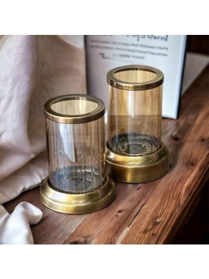 PremiumPort Şık 2'li Cam ve Bronz Mumluk Takımı, 17-18 Cm, Modern Dekor Aksesuarı