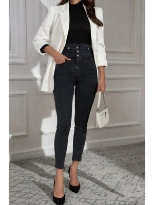 Pileli Store Pilelistore- Kadın Yüksek Bel Önden Düğmeli Cepli Dar Kesim Detaylı Kot Pantolon