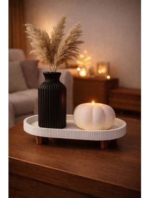 PremiumPort Modern Dekoratif 3’lü Set – Mini Masa, Siyah Vazo ve Mumluk