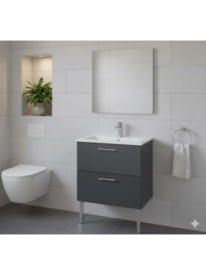 Vitra Mia 60 cm Antrasit Çekmeceli Ayaklı Banyo Dolabı + Creavit 60 cm Ayna  Set