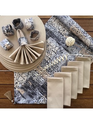 PremiumPort Yeni Sezon Amerikan Servis Takımı, Motif Desenli, 6 Supla, 6 Peçete ve Runner