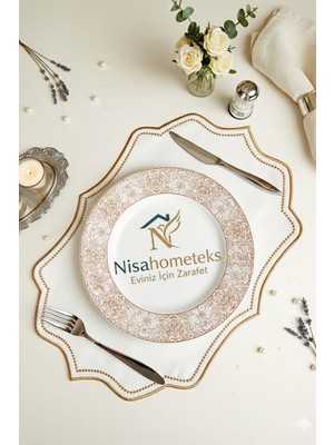 PremiumPort 6'lı Nakışlı Keten Amerikan Servis Seti, Şık ve Zarif Tasarım