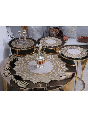 PremiumPort Kadife Orta Sehpa ve Zigon Örtüsü Seti, Gold Varak Detaylı, 4 Parça