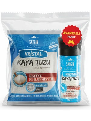 Saygın Tuz Rafine Edilmemiş Doğal Kristal Kaya Tuzu İkili Set - Paketli 500 gr + Değirmenli 110 gr