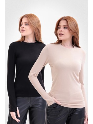 Yade Fashion Parmak Detaylı Bisiklet Yaka Body  2\'li Set