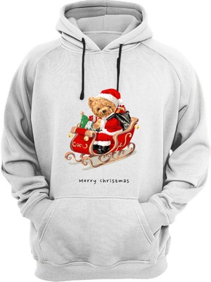 Widi Sevimli Ayıcık Yılbaşı Merry Christmas Noel Baskılı Regular Fit %100 Pamuk Kanguru Cepli Sweatshirt